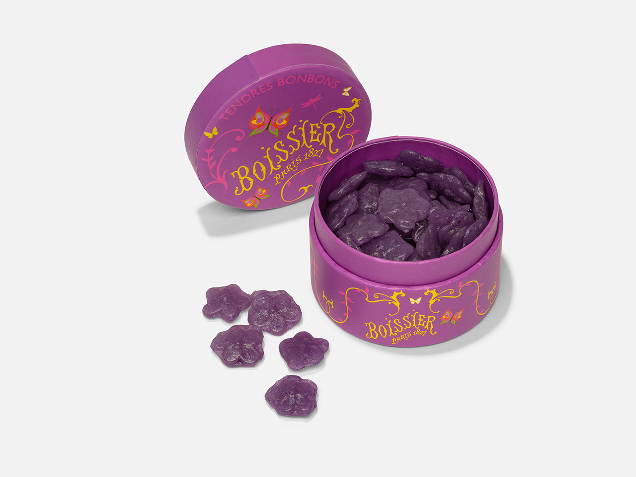 Bonbons d'été à la violette en forme de fleurs dans boîte Papillons