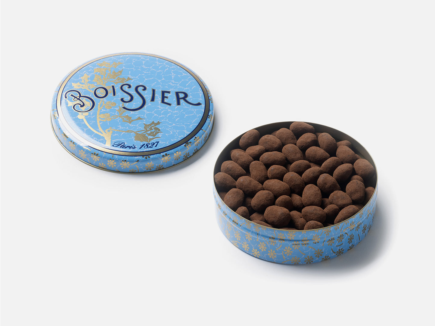 Boîte métal bleue 500g amandes enrobées de gianduja et poudrées de cacao