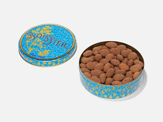 Boîte métal bleue d'Amandes Cacao Caramélisées 500g