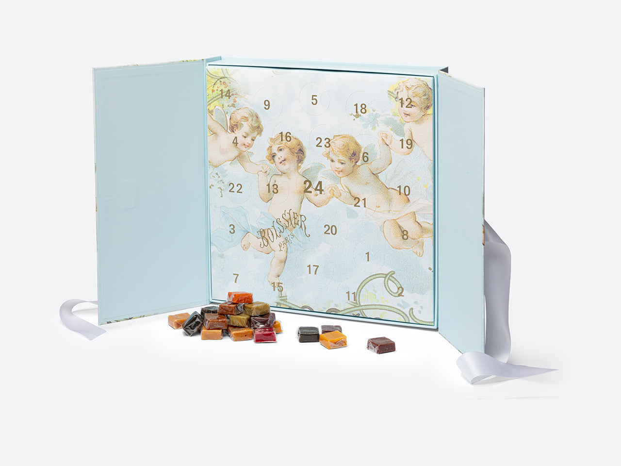 Calendrier de l'Avent avec motif Anges ouvert et assortiment de caramels