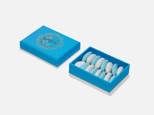 Dragées Amandes bleues et blanches dans Boîte Bijoux Bleu foncé 45g