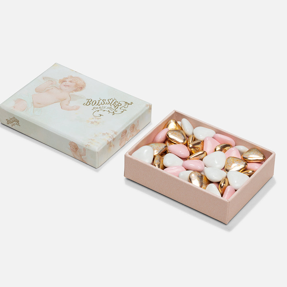 Dragées Coeur Chocolat Roses Blanches & Or dans Boîte Bijoux Anges 70g