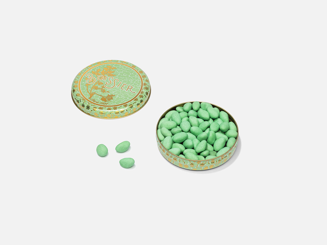 Les Emeraudes Boissier pistaches torréfiées et dragéifiées dans boite métal