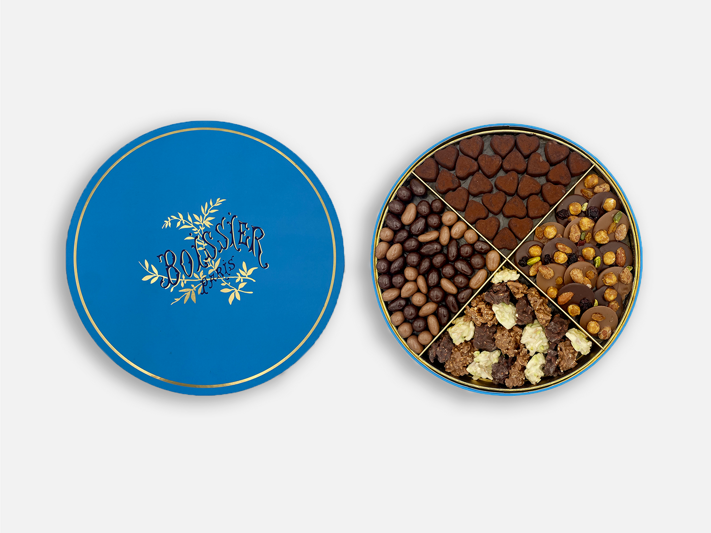 Luxury Box Emile de Truffes en Cœur, Grignotines, Mendiants, Amandes et Noisettes Laquées