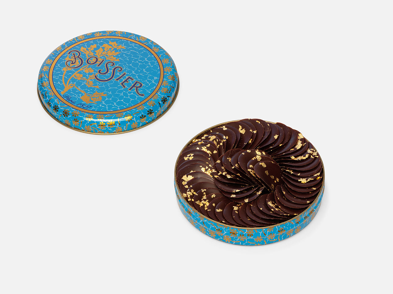 Pétales de Chocolat Noir Pailletés Or - boîte Bleu Boisiser 68g