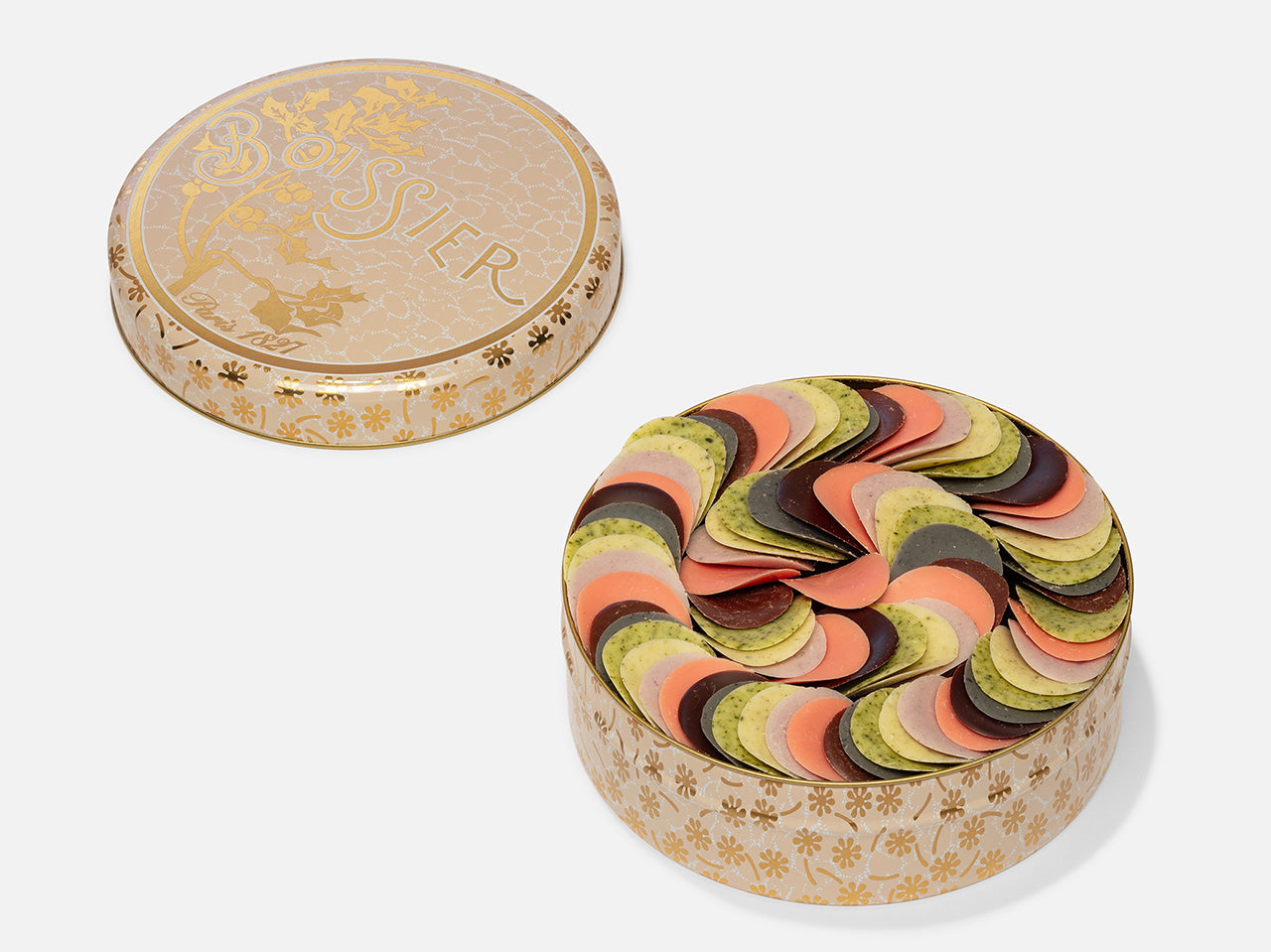 Pétales de chocolat aux fleurs dans boîte métal beige de 195g