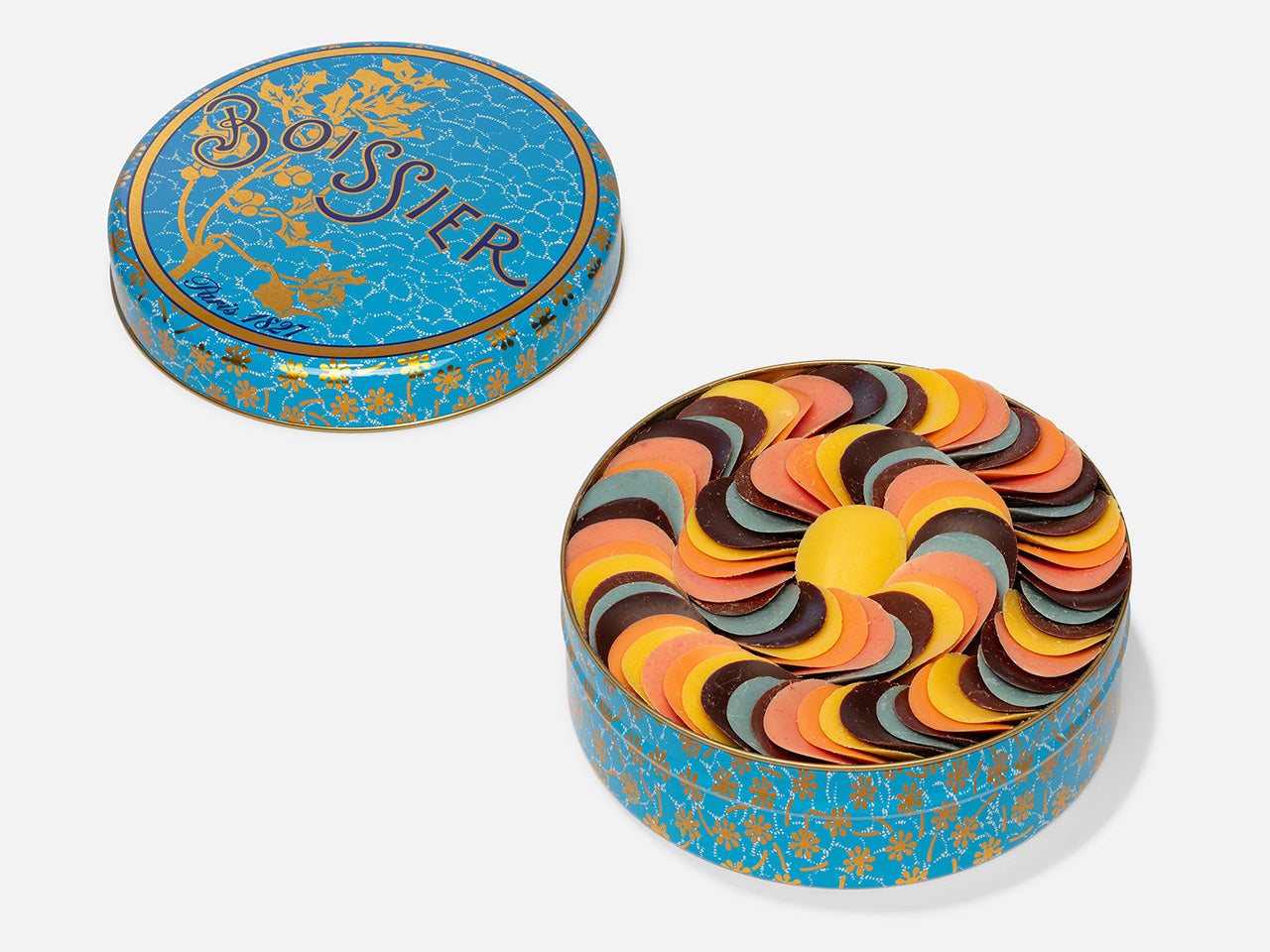 Pétales de chocolat aux fruits dans boîte métal bleue de 195g