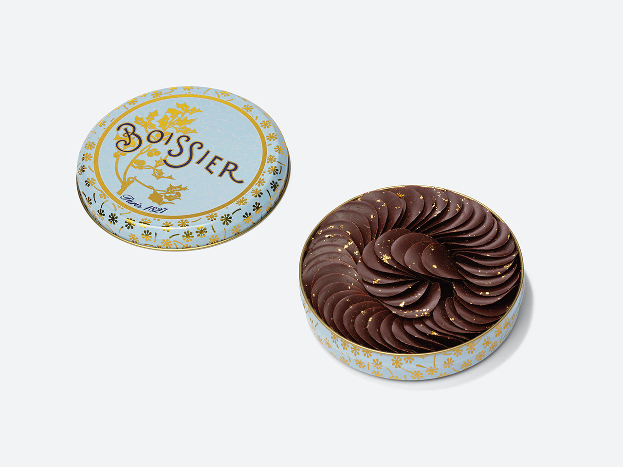 Pétales de Chocolat Noir Pailletés Or - boîte Bleu Pâle 68g