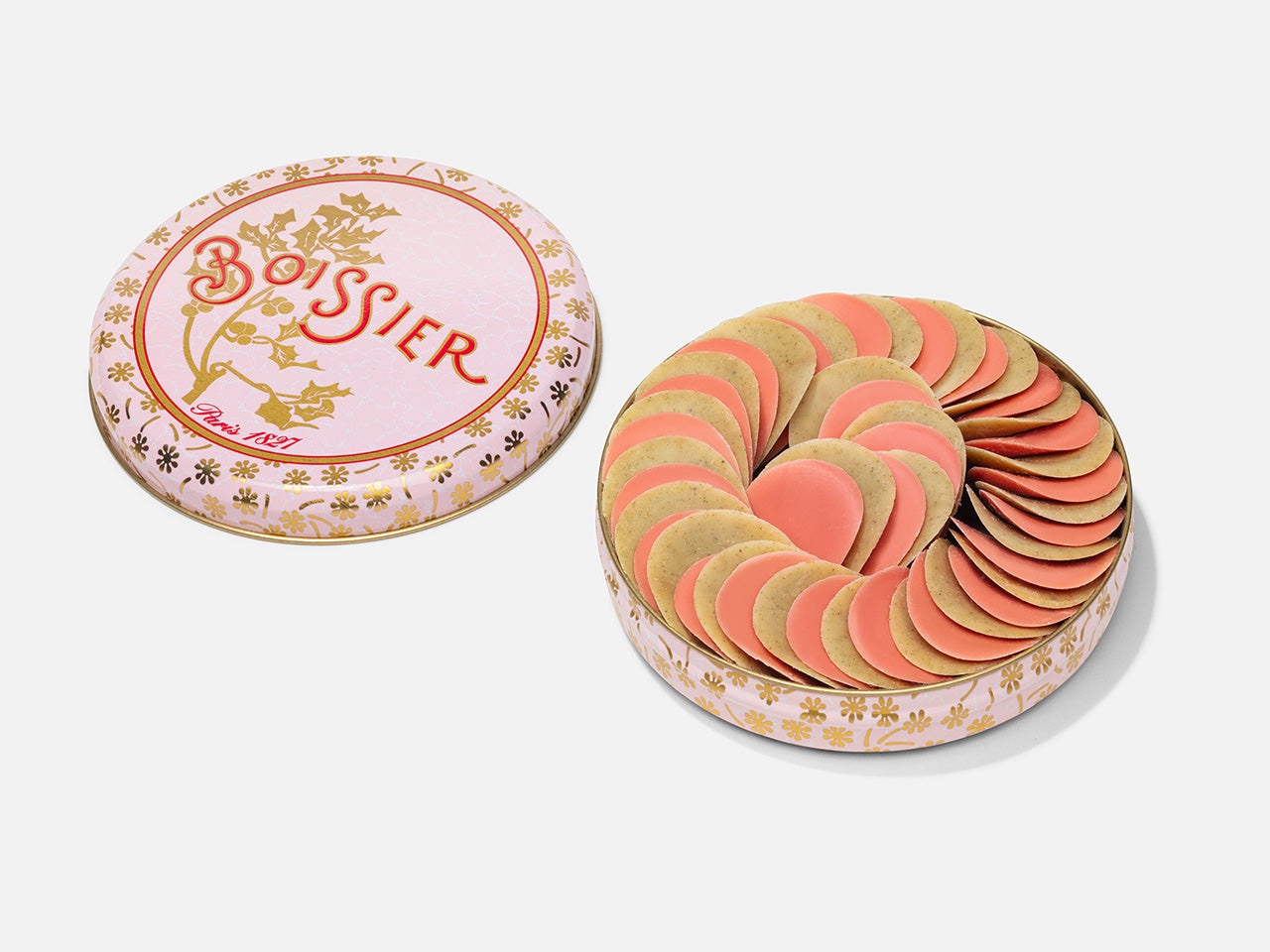 Pétales de chocolat à la rose et au jasmin dans boîte métal rose