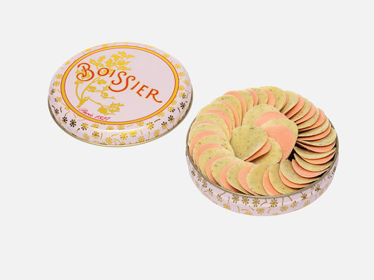 Pétales de chocolat à la rose et au jasmin dans boîte métal rose