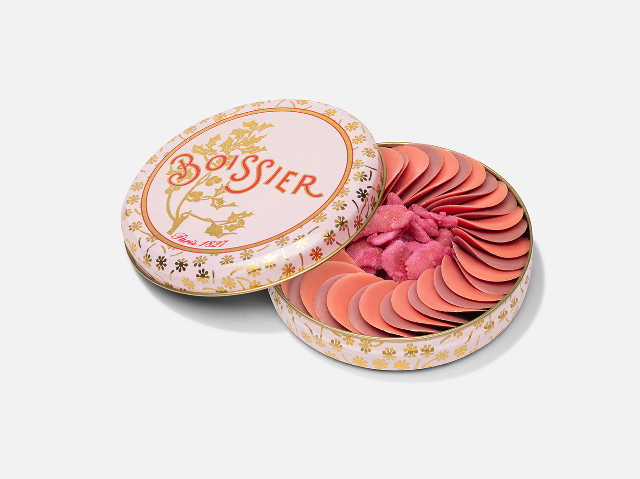 Pétales de chocolat rose et violette et pétales de rose cristallisés