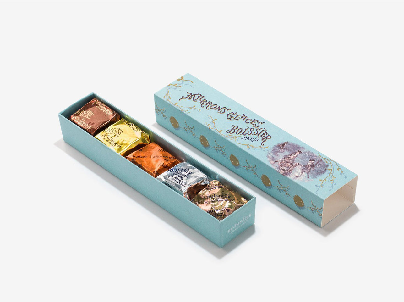 
                  
                    Réglette de 5 marrons glacés assortis  Cognac Rhum Poire Williams Vanille Chocolat
                  
                