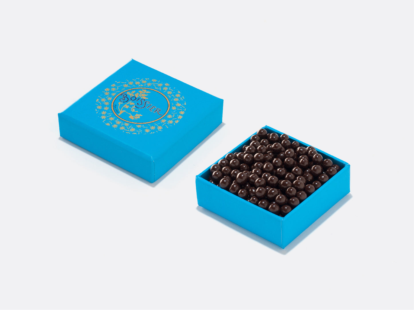 Boîte bijoux bleue 40g de Perles de chocolat