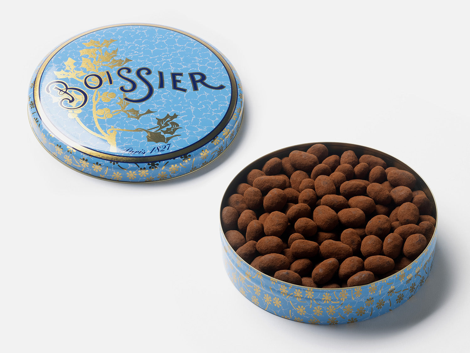 Amandes enrobées de gianduja et poudrées de cacao dans Boîte métal bleue 750g 