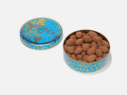 Boîte métal bleue d'Amandes Cacao Caramélisées 250g