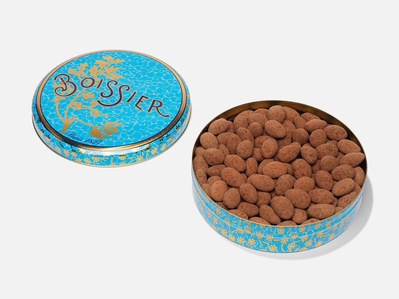Boîte métal bleue d'Amandes Cacao Caramélisées 750g