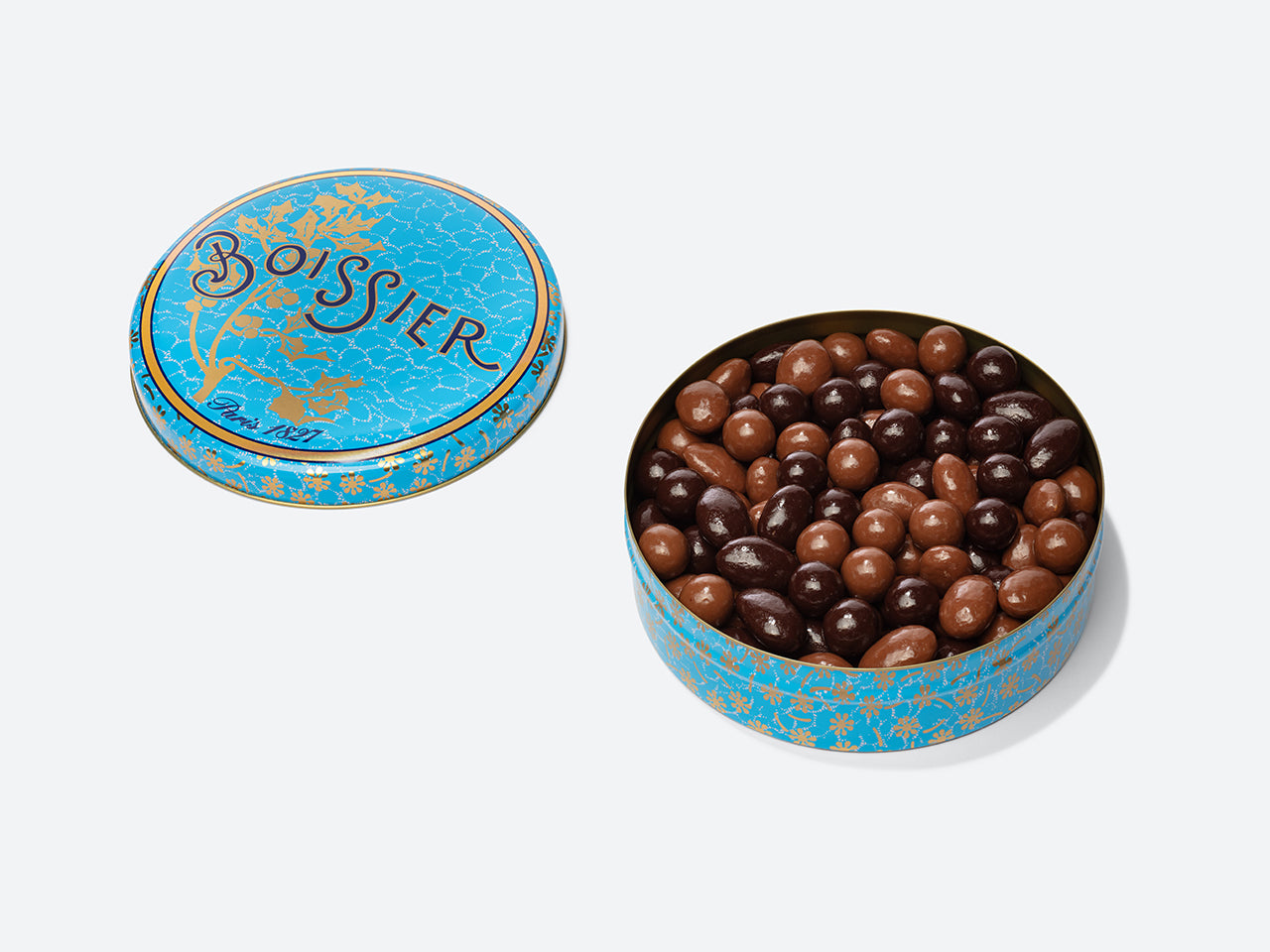 Amandes et Noisettes Chocolat dans boîte métal bleue 500g
