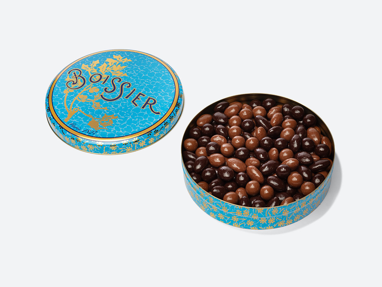 Amandes et Noisettes Chocolat dans boîte métal bleue 750g