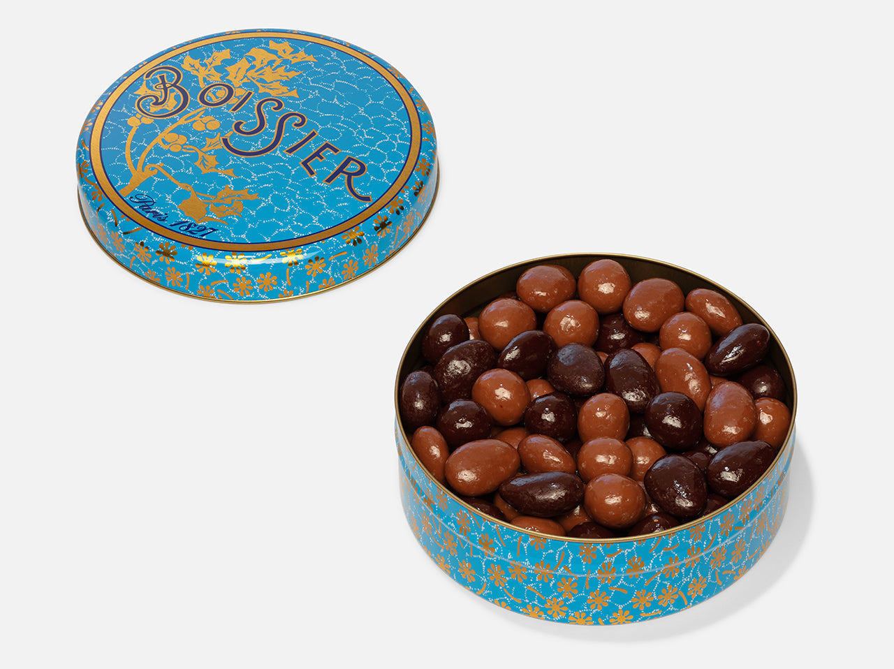 Amandes et noisettes laquées au chocolat noir et chocolat au lait dans boîte métal bleue 250g