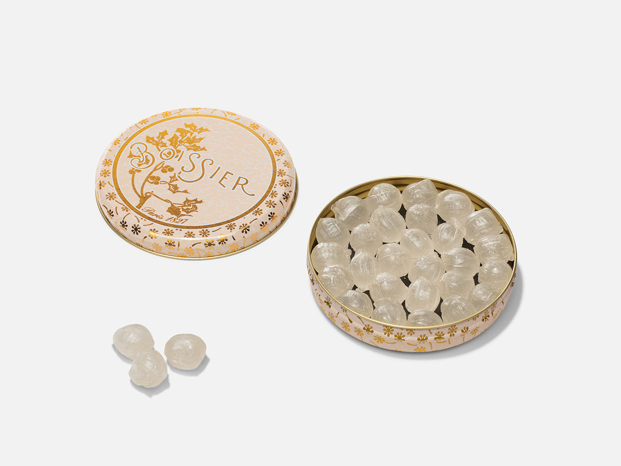 Bonbons Boule Esprit Champagne dans boîte métal beige