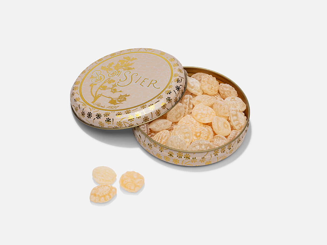 Bonbons d'été Abricot-Romarin dans boîte métal beige avec couvercle superposé