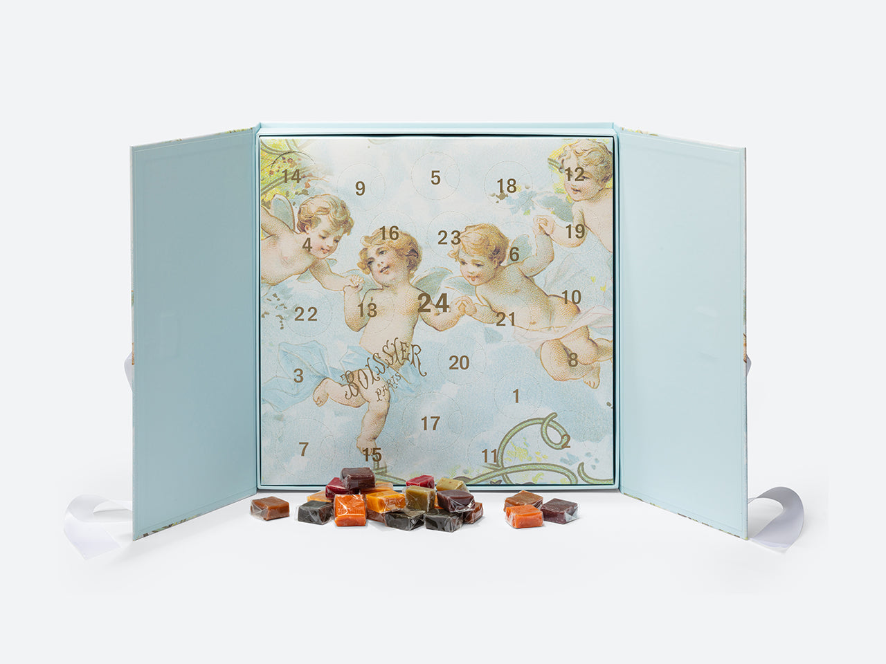 Calendrier de l'Avent avec motif Anges ouvert et assortiment de caramels