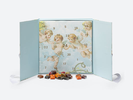 Calendrier de l'Avent avec motif Anges ouvert et assortiment de caramels