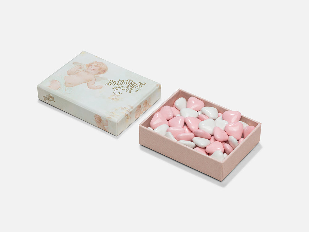 Dragées au chocolat en forme de cœur roses et blanches dans boîte bijoux de 70g