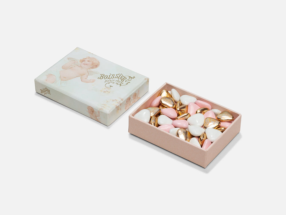 Dragées Coeur Chocolat Roses Blanches & Or dans boîte bijoux Anges 70g