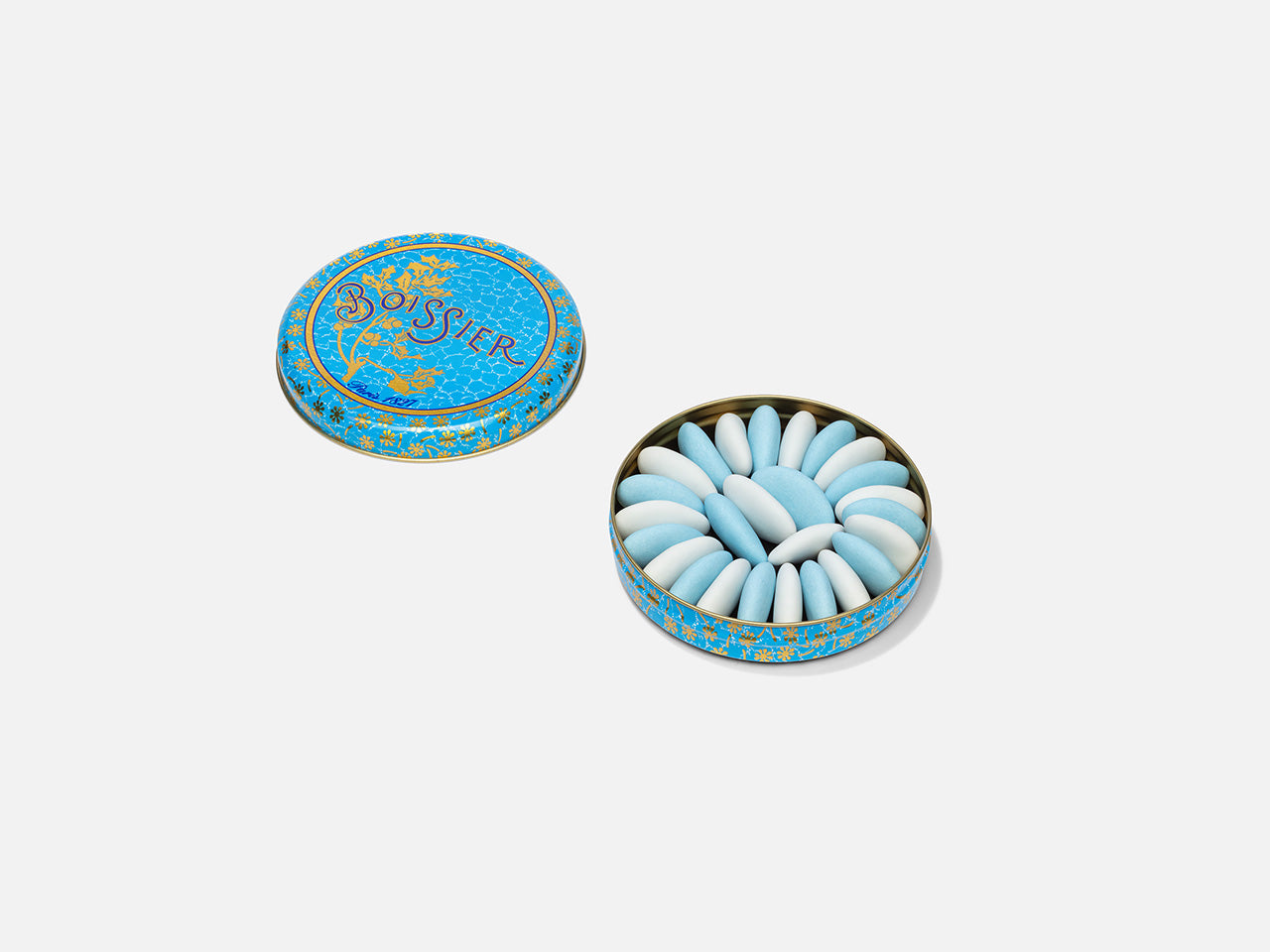 Dragées Amandes bleues et blanches dans Boîte métal  65g