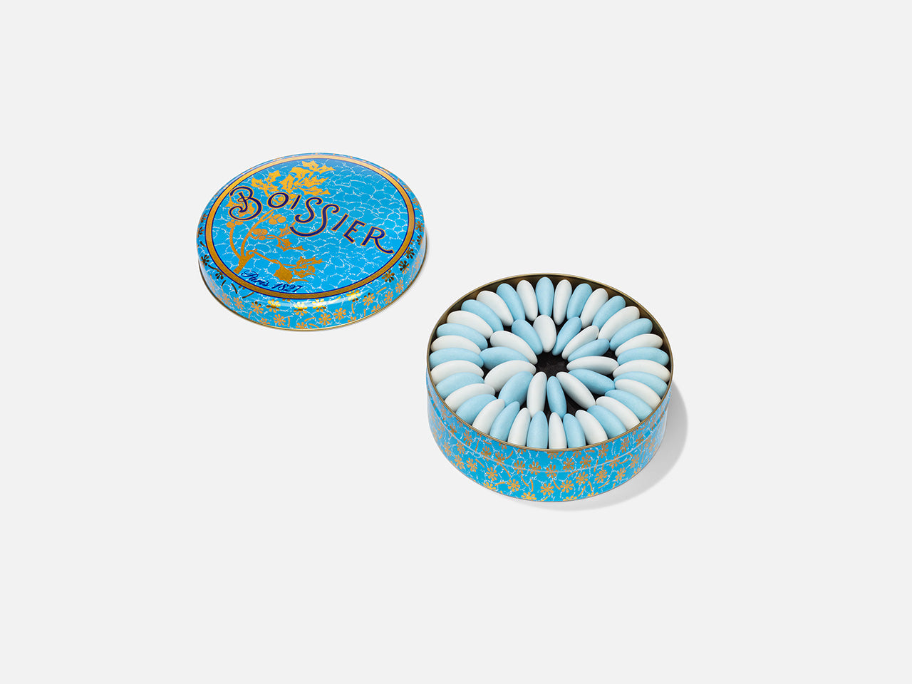 Dragées Amandes bleues et blanches dans Boîte métal  235g