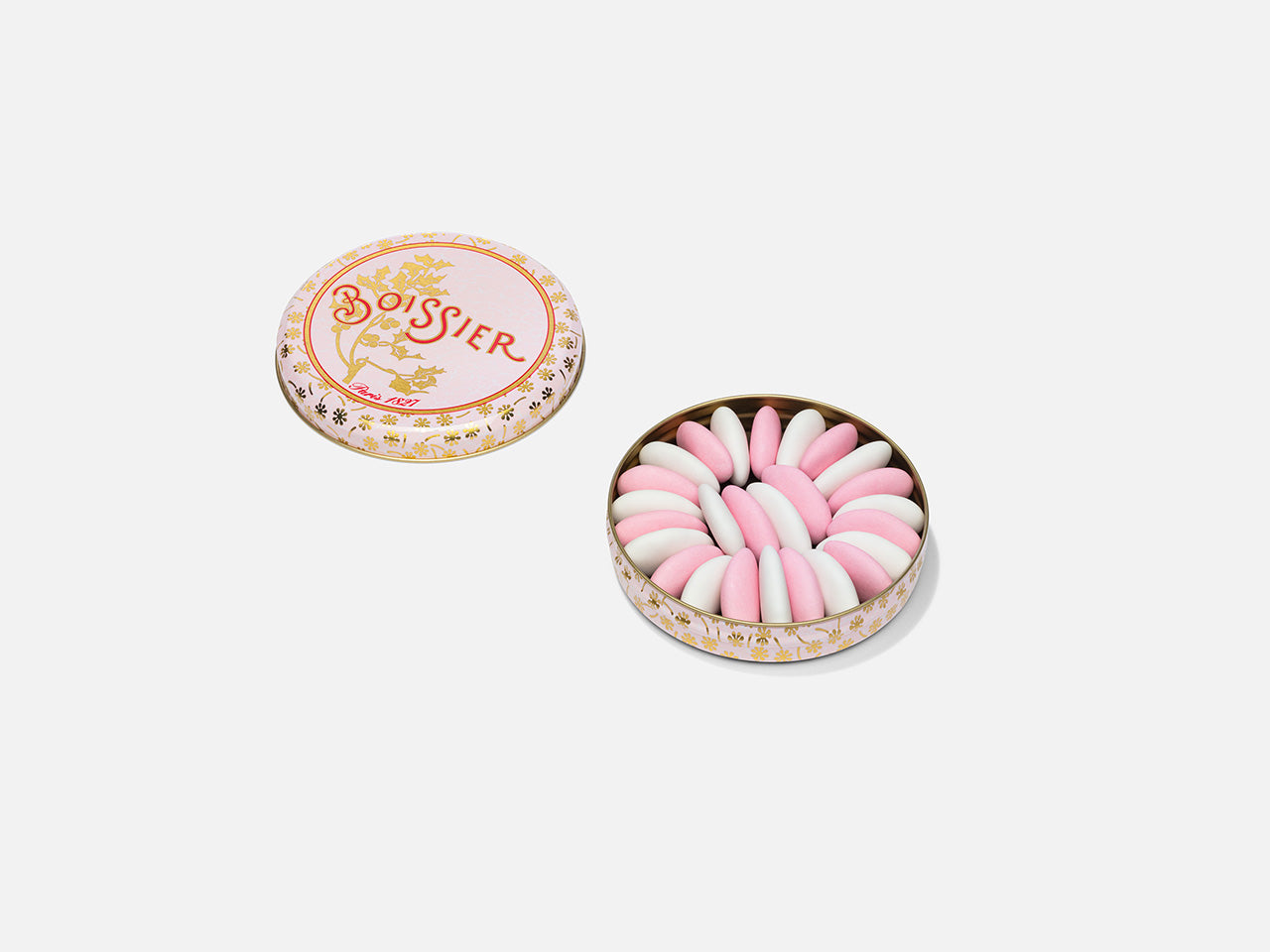 Dragées Amandes Roses et Blanches dans Boîte métal rose 65g