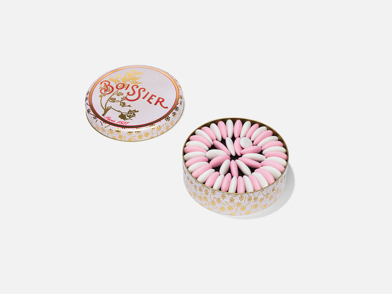 Dragées Amandes Roses et Blanches dans Boîte métal rose 235g