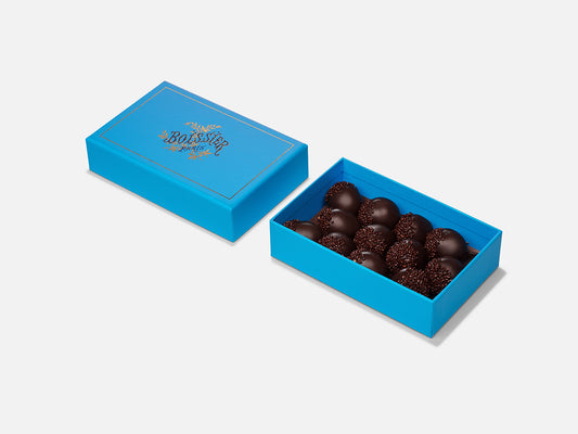 Boîte bleue de Griottes au Marc de Champagne enrobées de chocolat