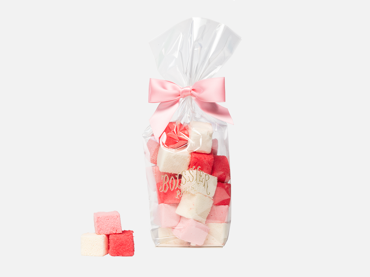 Guimauves Rose, Framboise et Fleur d'oranger dans un sachet et ruban rose