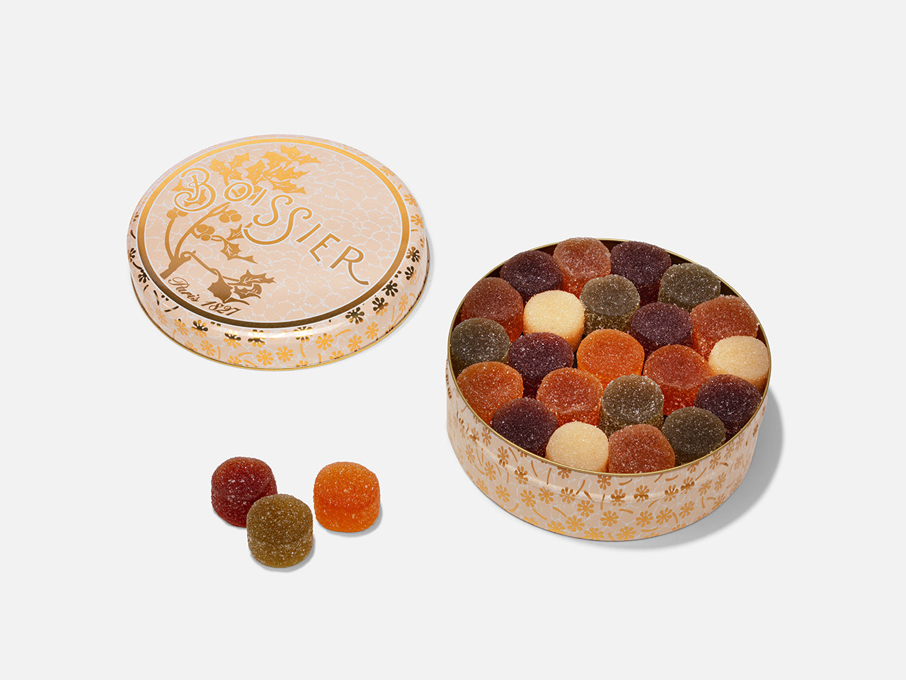 Les pastilles, pâtes de fruits acidulées, dans boîte métal 400g