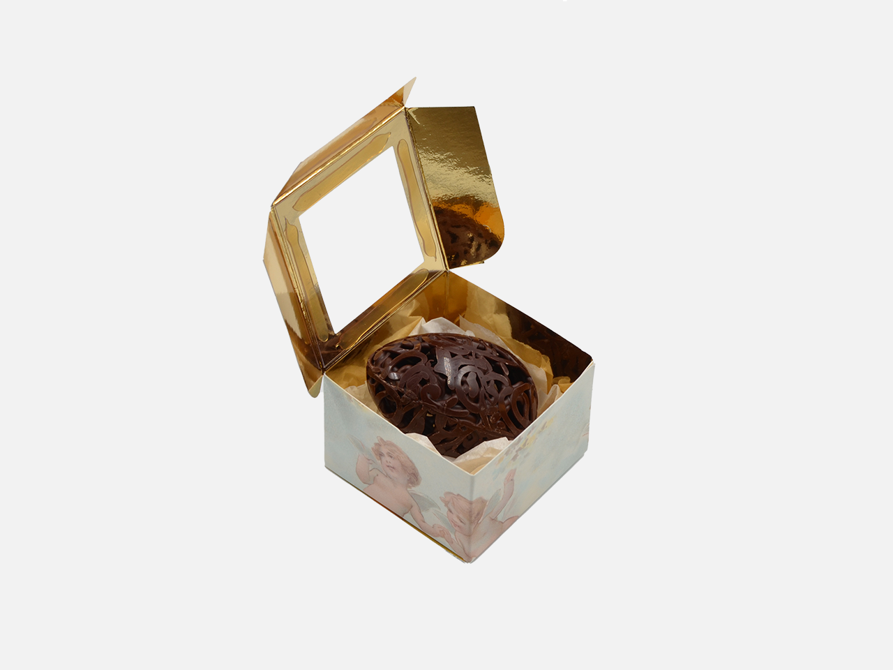 
                  
                    Oeuf Dentelle chocolat noir 7cm dans Boîte Anges ouverte
                  
                