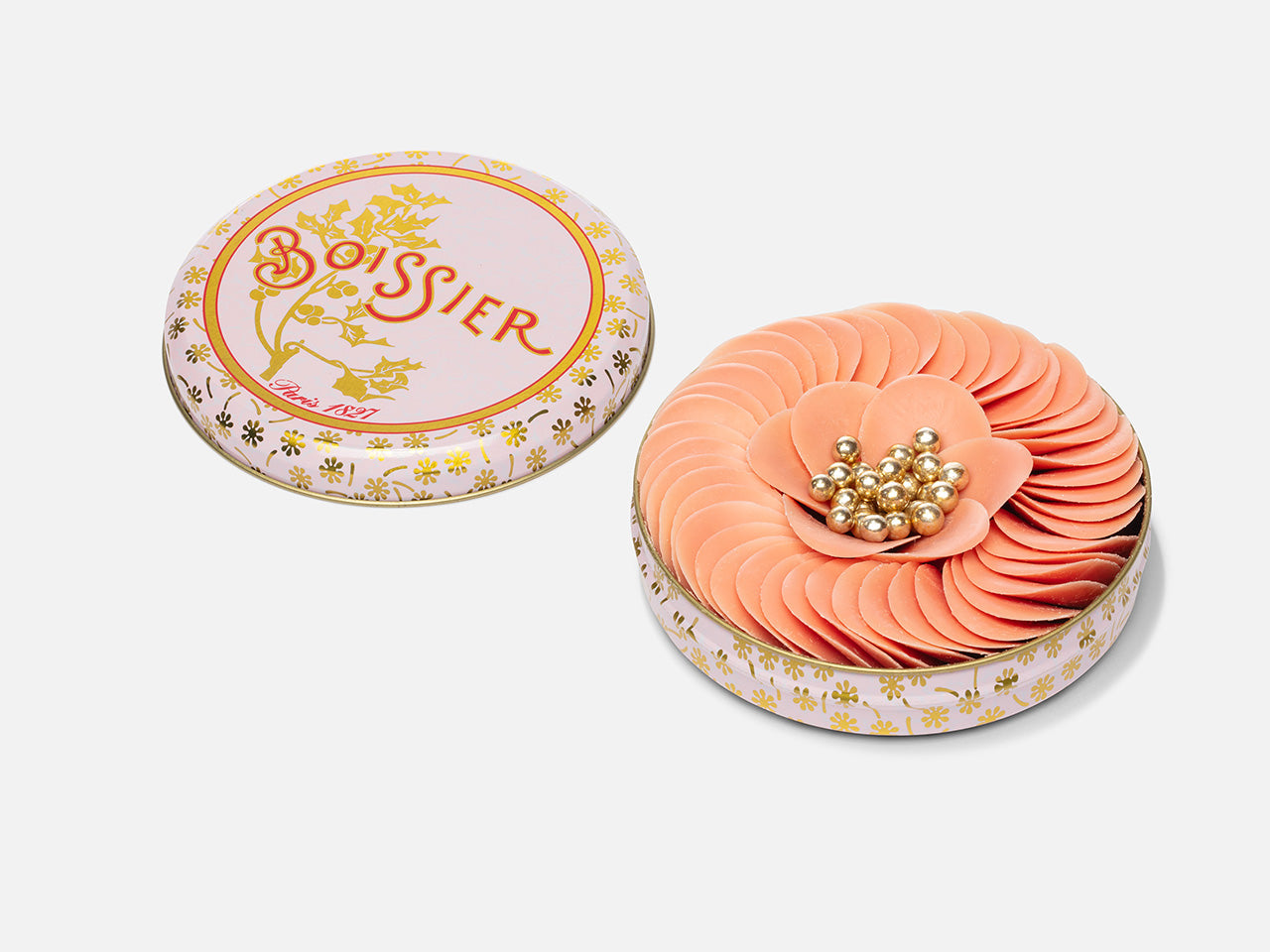 Boite métal rose de Pétales de chocolat rose et Perles Or