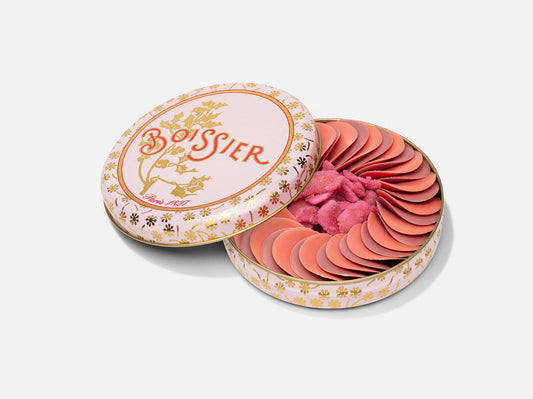 Pétales de chocolat rose et violette et pétales de rose cristallisés