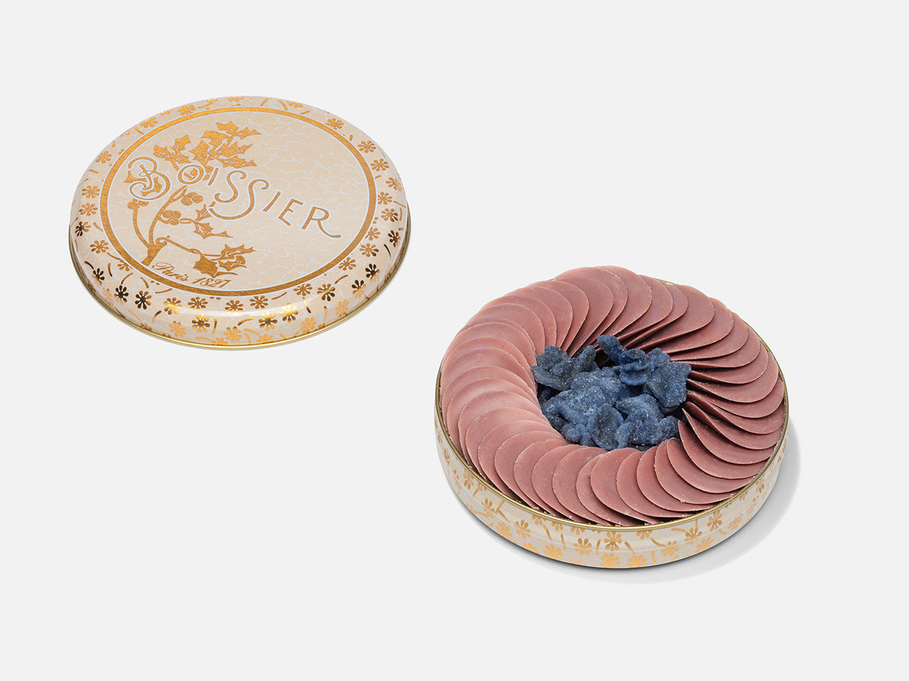 Pétales de chocolat à la violette et violettes cristallisées
