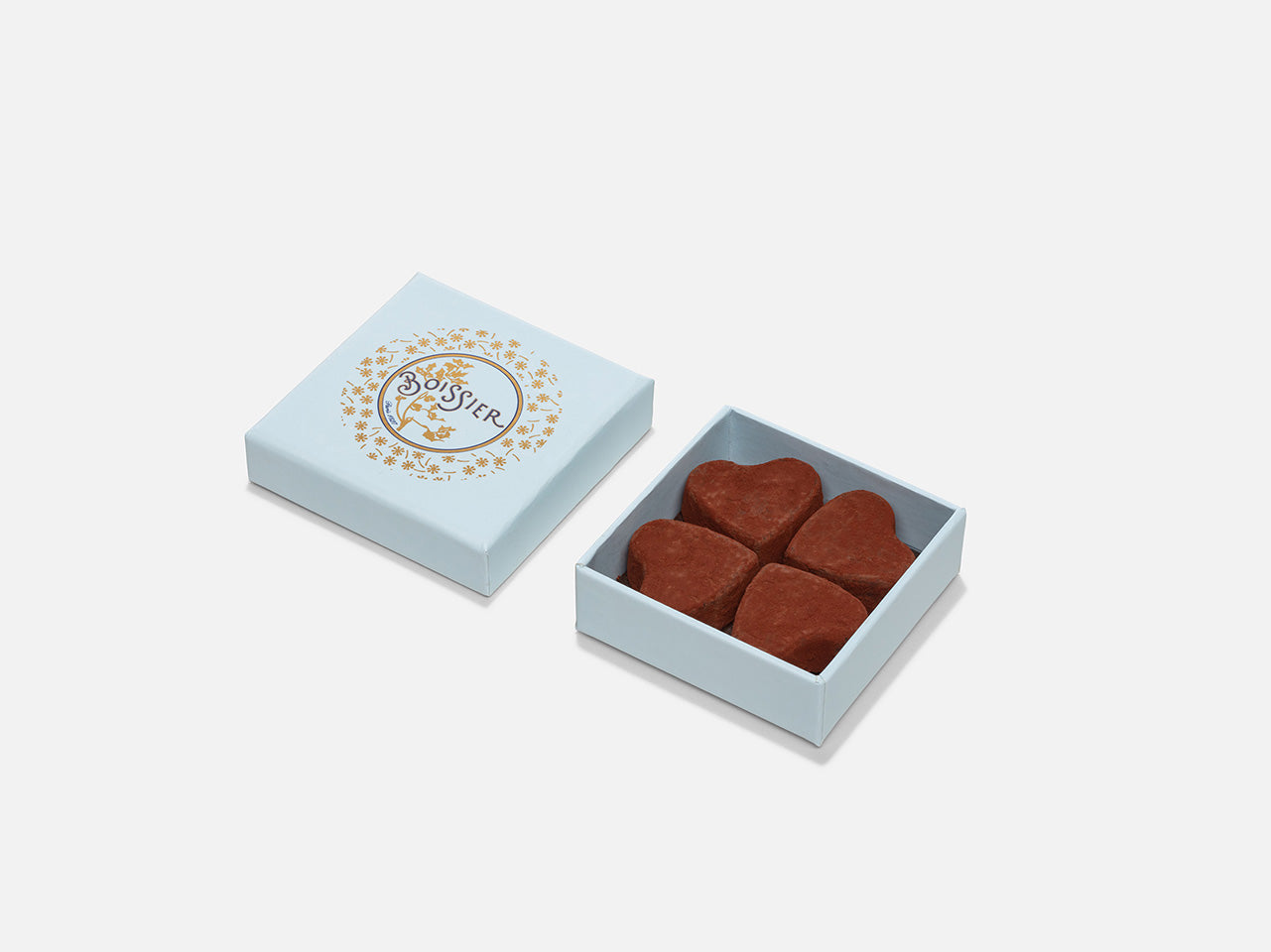 Boîte Bijoux Bleu Pâle de 4 truffes au chocolat en forme de coeur