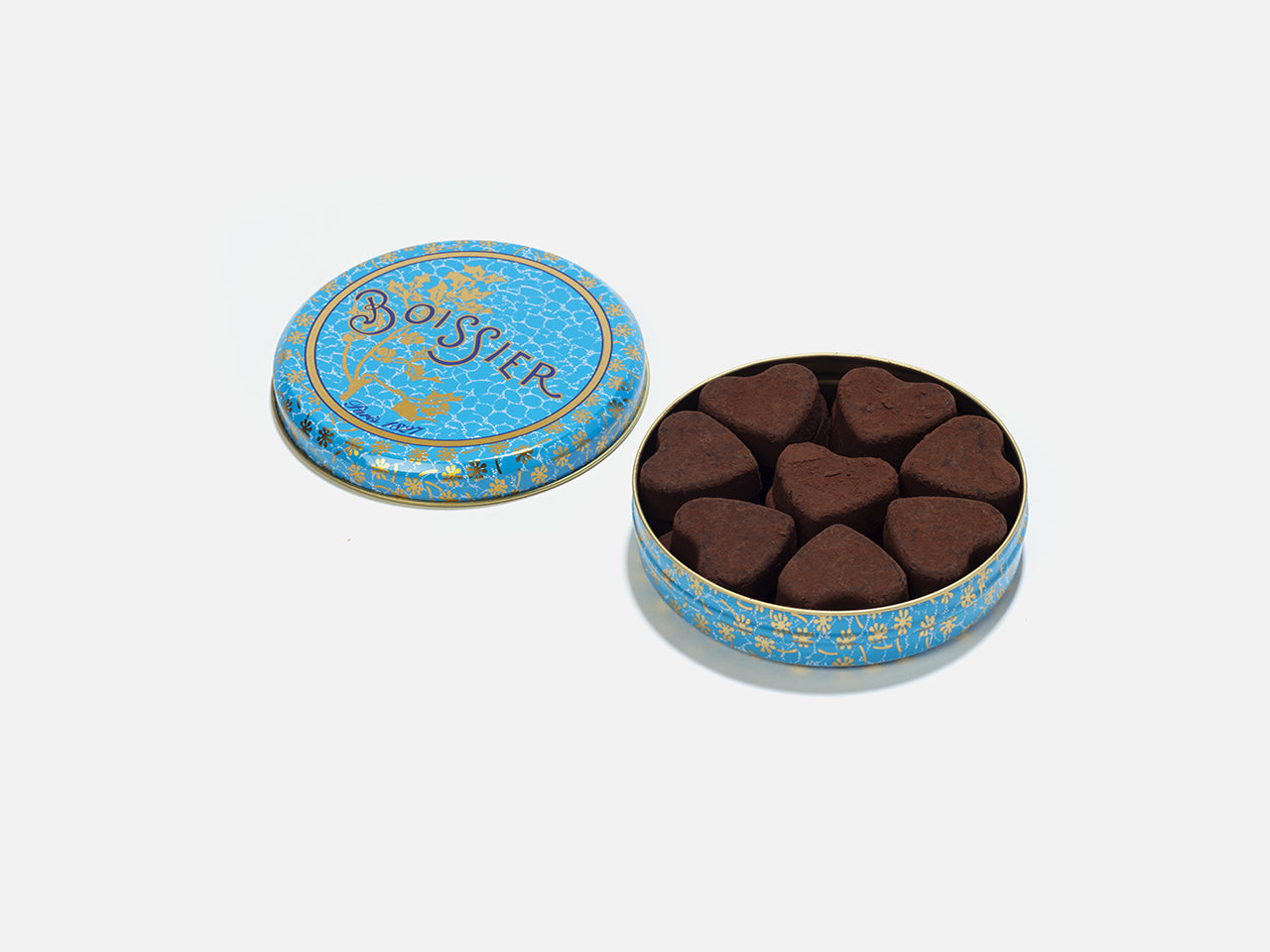 Boîte métal bleue de 16 truffes au chocolat en forme de coeur