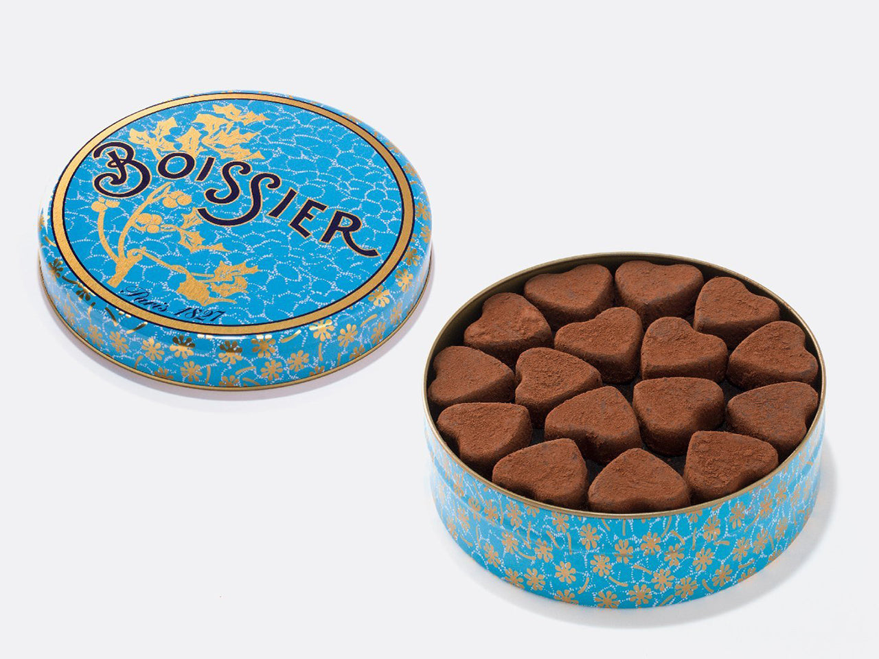 Boîte métal bleue de 48 truffes au chocolat en forme de coeur