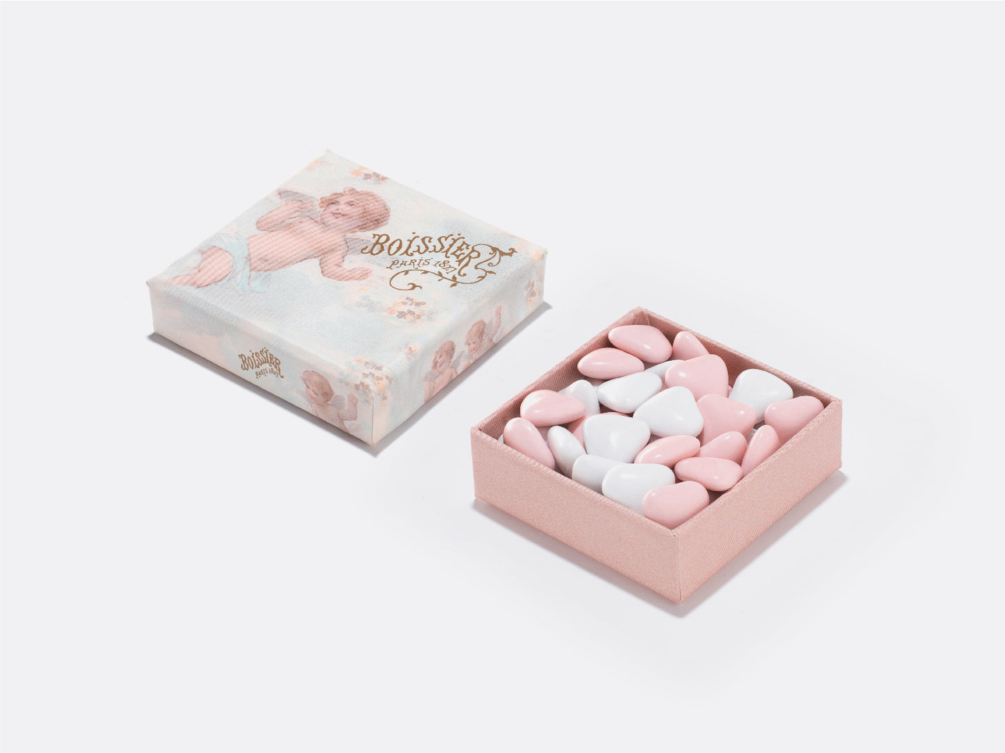 Dragées au chocolat en forme de cœur roses et blanches dans boîte bijoux de 50g